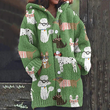 Rétro mignon Pet Print Button Up épais chandail à capuchon à manches longues Cardigan