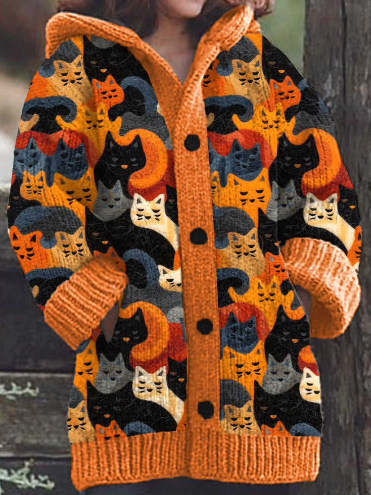 Rétro mignon Pet Print Button Up épais chandail à capuchon à manches longues Cardigan