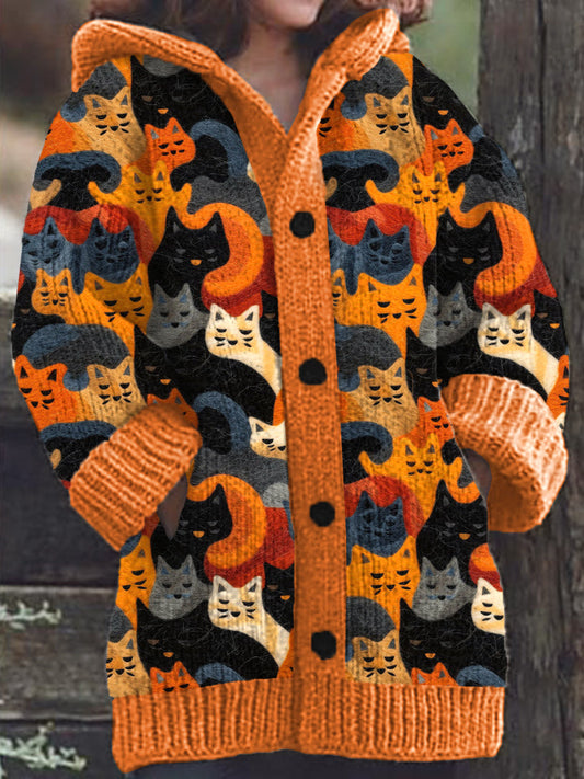 Rétro mignon Pet Print Button Up épais chandail à capuchon à manches longues Cardigan
