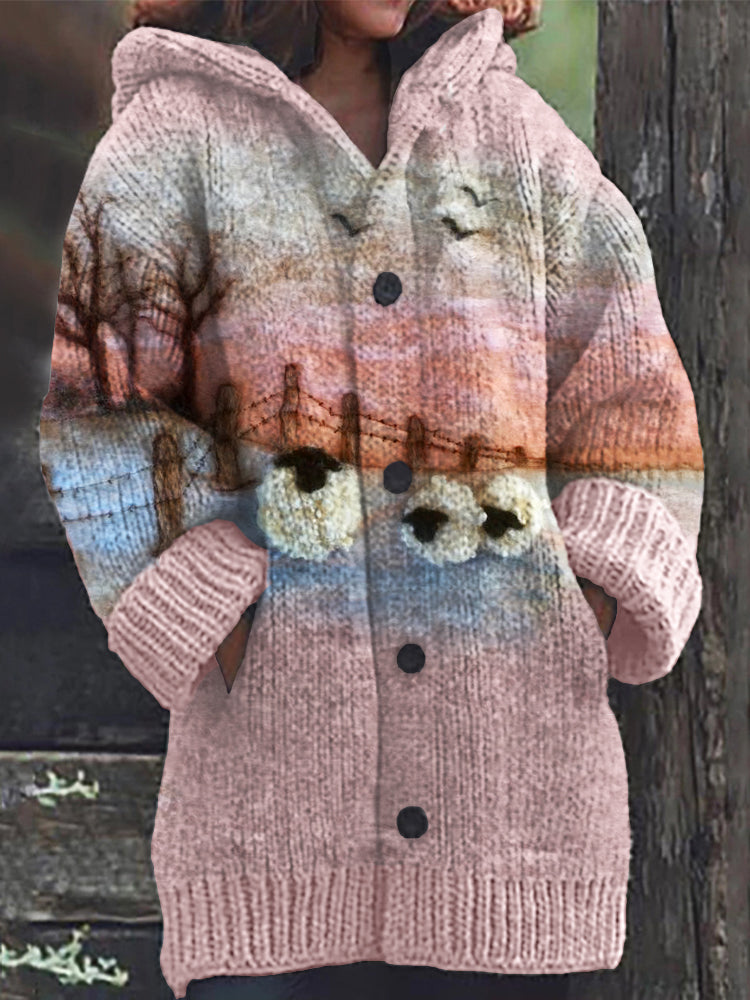Rétro mignon Pet Print Button Up épais chandail à capuchon à manches longues Cardigan