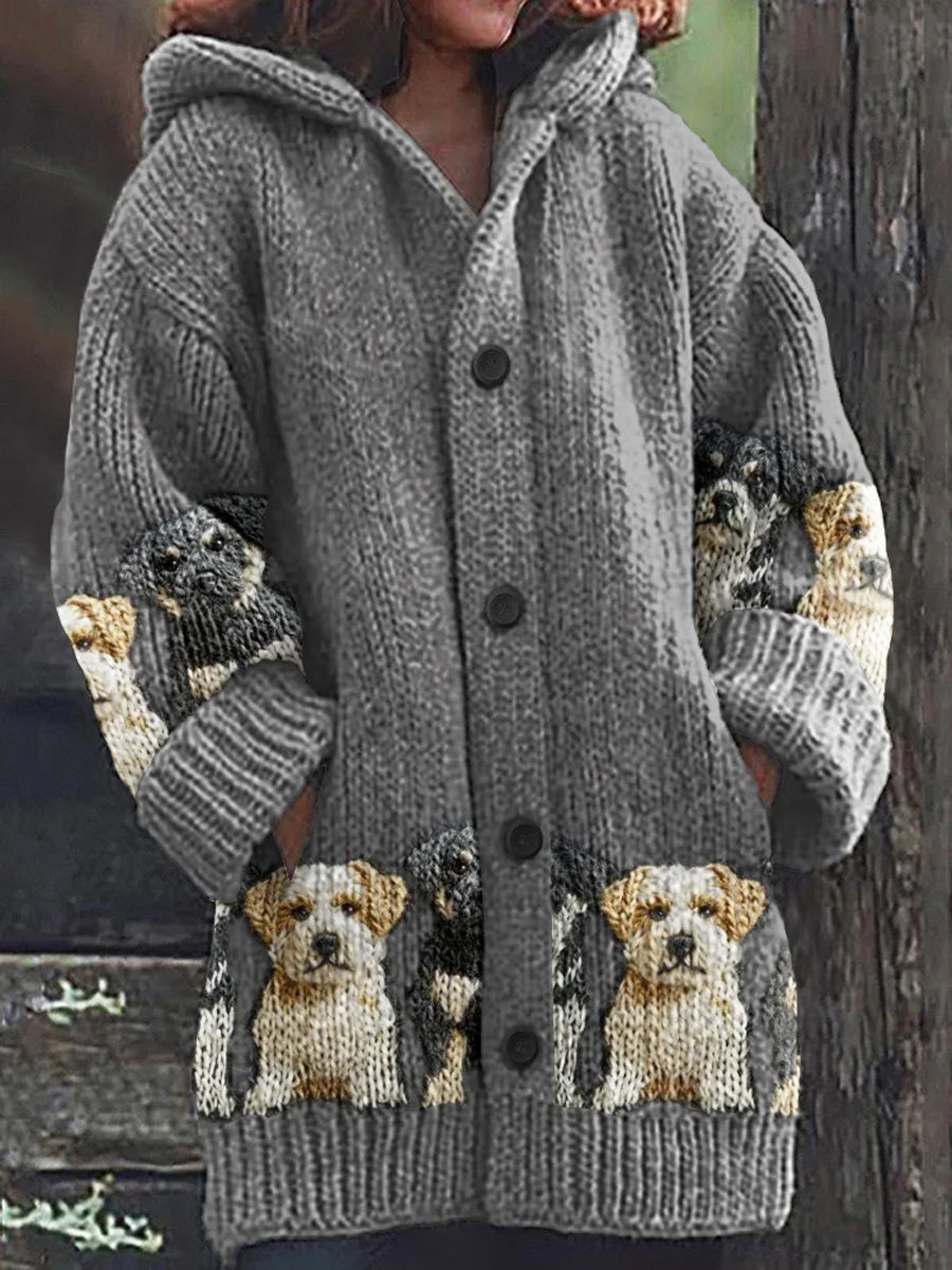 Rétro mignon Pet Print Button Up épais chandail à capuchon à manches longues Cardigan