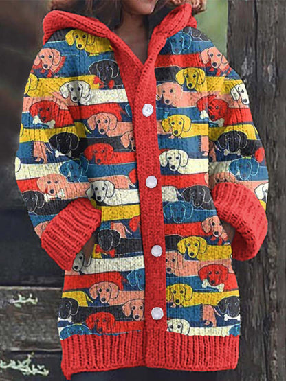 Rétro mignon Pet Print Button Up épais chandail à capuchon à manches longues Cardigan