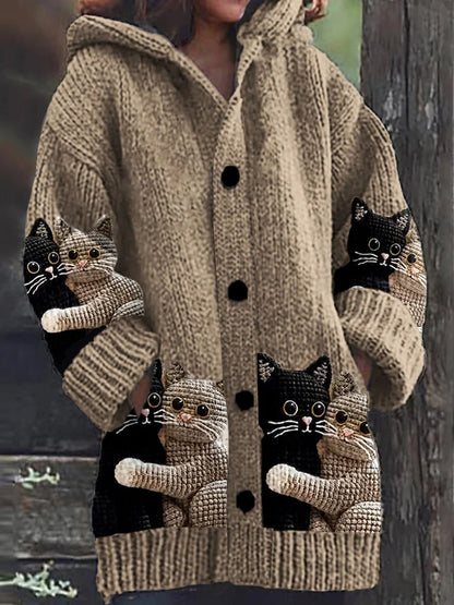 Mignon Chat Imprimer Bouton Épais À Manches Longues À Capuche Cardigan Pull