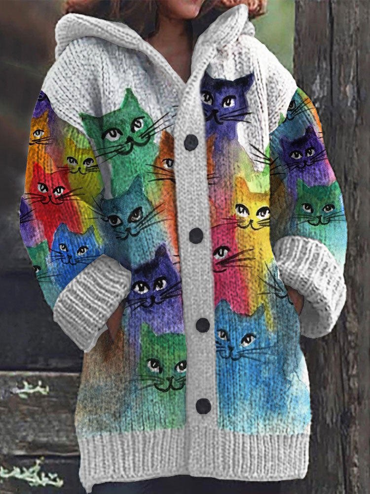 Rétro mignon Pet Print Button Up épais chandail à capuchon à manches longues Cardigan