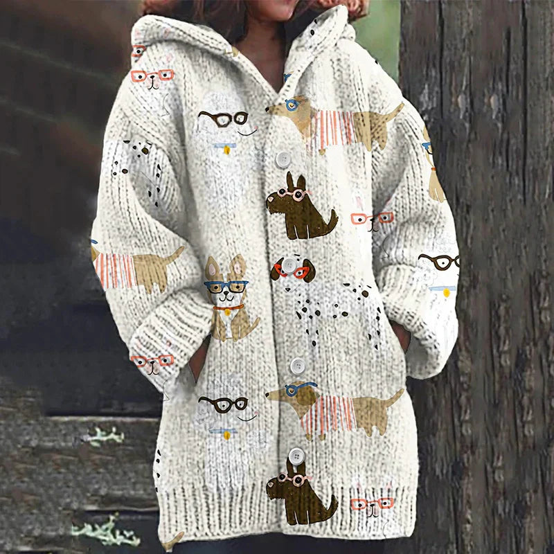 Rétro mignon Pet Print Button Up épais chandail à capuchon à manches longues Cardigan