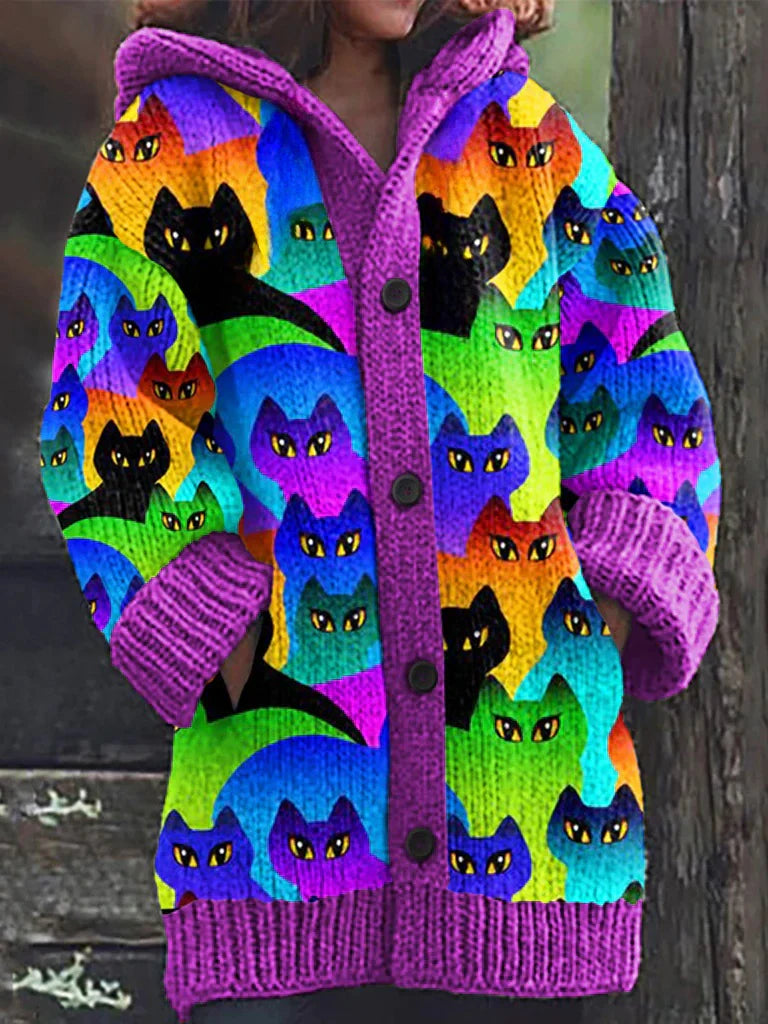 Rétro mignon Pet Print Button Up épais chandail à capuchon à manches longues Cardigan