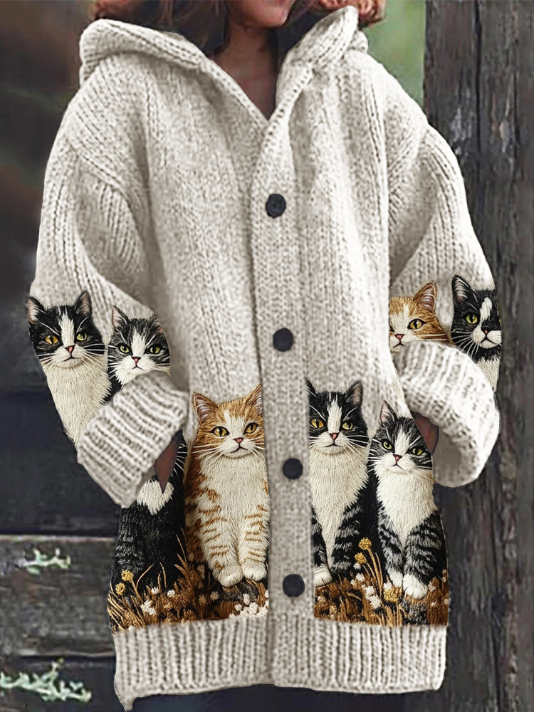 Rétro mignon Pet Print Button Up épais chandail à capuchon à manches longues Cardigan