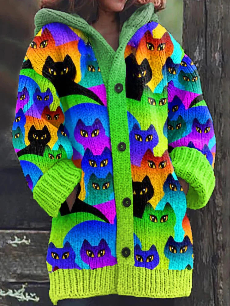 Rétro mignon Pet Print Button Up épais chandail à capuchon à manches longues Cardigan