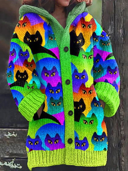 Rétro mignon Pet Print Button Up épais chandail à capuchon à manches longues Cardigan