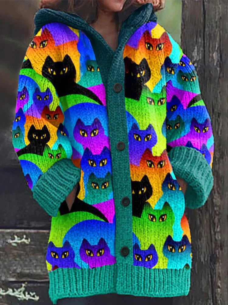 Rétro mignon Pet Print Button Up épais chandail à capuchon à manches longues Cardigan