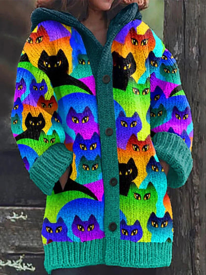 Rétro mignon Pet Print Button Up épais chandail à capuchon à manches longues Cardigan