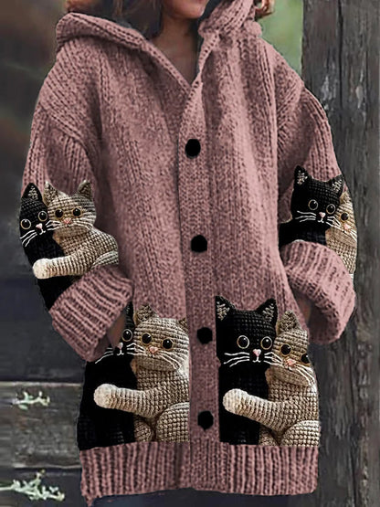 Mignon Chat Imprimer Bouton Épais À Manches Longues À Capuche Cardigan Pull