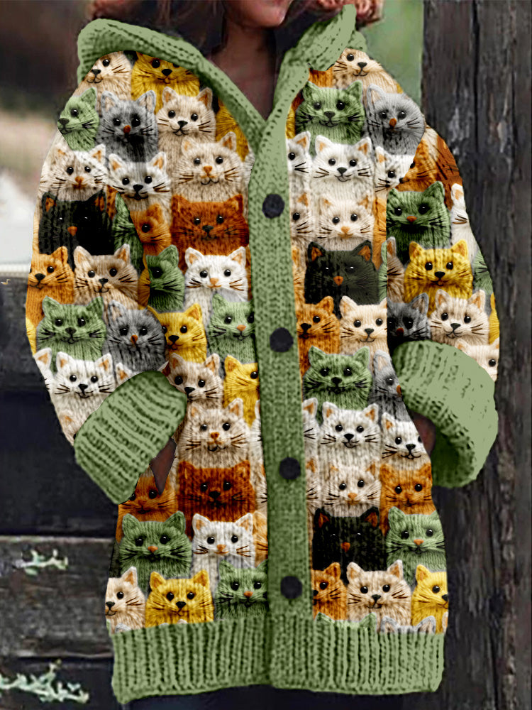 Rétro mignon Pet Print Button Up épais chandail à capuchon à manches longues Cardigan