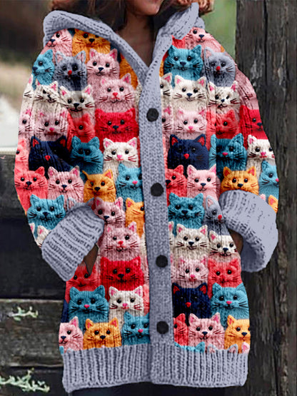 Rétro mignon Pet Print Button Up épais chandail à capuchon à manches longues Cardigan