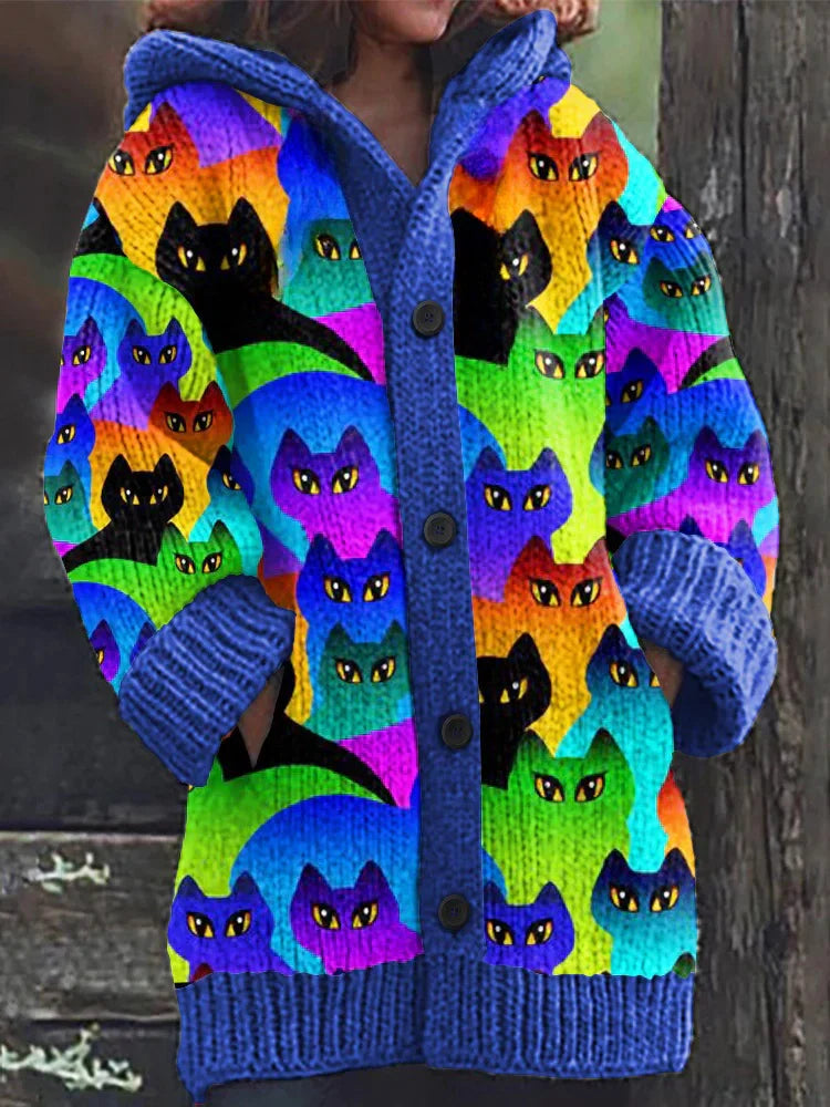 Rétro mignon Pet Print Button Up épais chandail à capuchon à manches longues Cardigan
