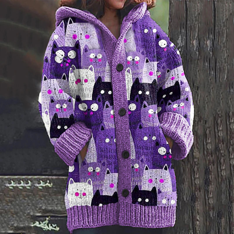 Rétro mignon Pet Print Button Up épais chandail à capuchon à manches longues Cardigan