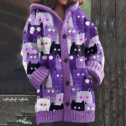 Rétro mignon Pet Print Button Up épais chandail à capuchon à manches longues Cardigan