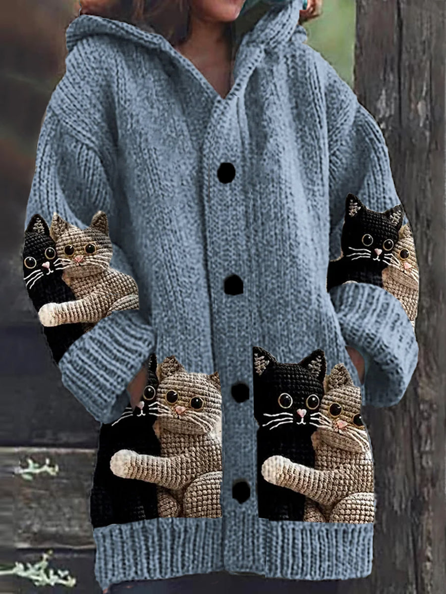 Mignon Chat Imprimer Bouton Épais À Manches Longues À Capuche Cardigan Pull