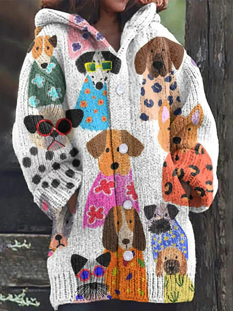 Rétro mignon Pet Print Button Up épais chandail à capuchon à manches longues Cardigan