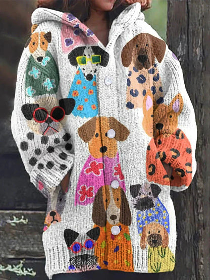 Rétro mignon Pet Print Button Up épais chandail à capuchon à manches longues Cardigan