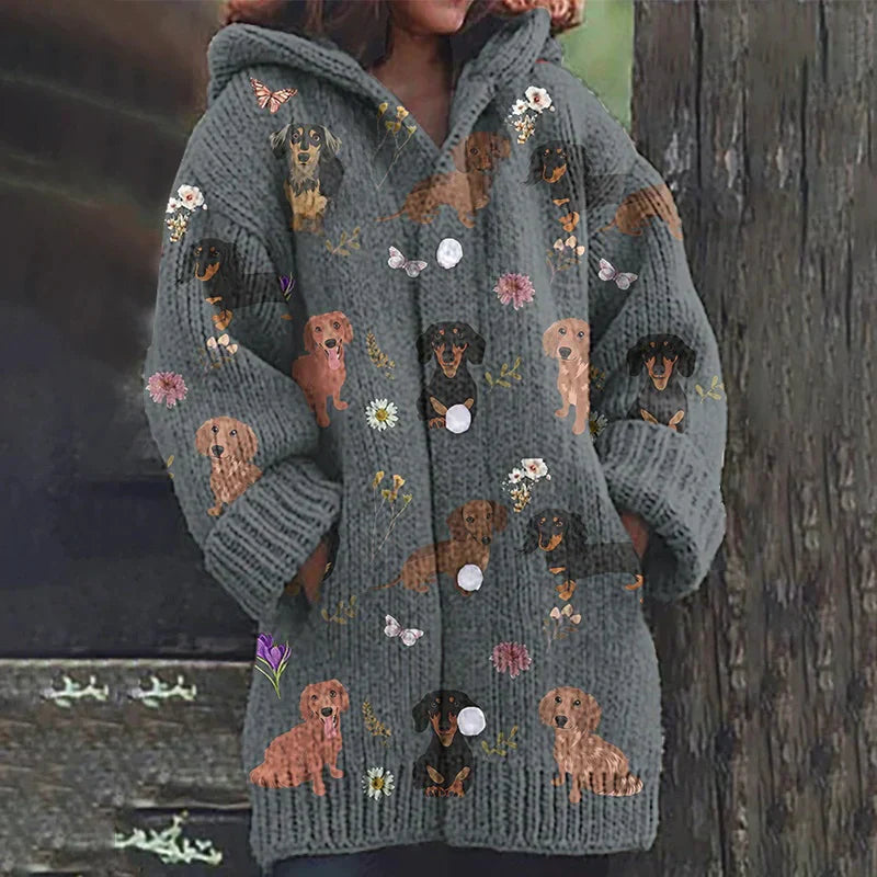 Rétro mignon Pet Print Button Up épais chandail à capuchon à manches longues Cardigan