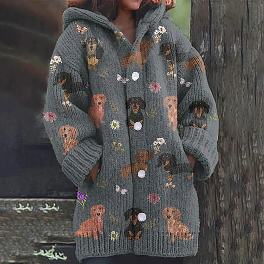 Rétro mignon Pet Print Button Up épais chandail à capuchon à manches longues Cardigan