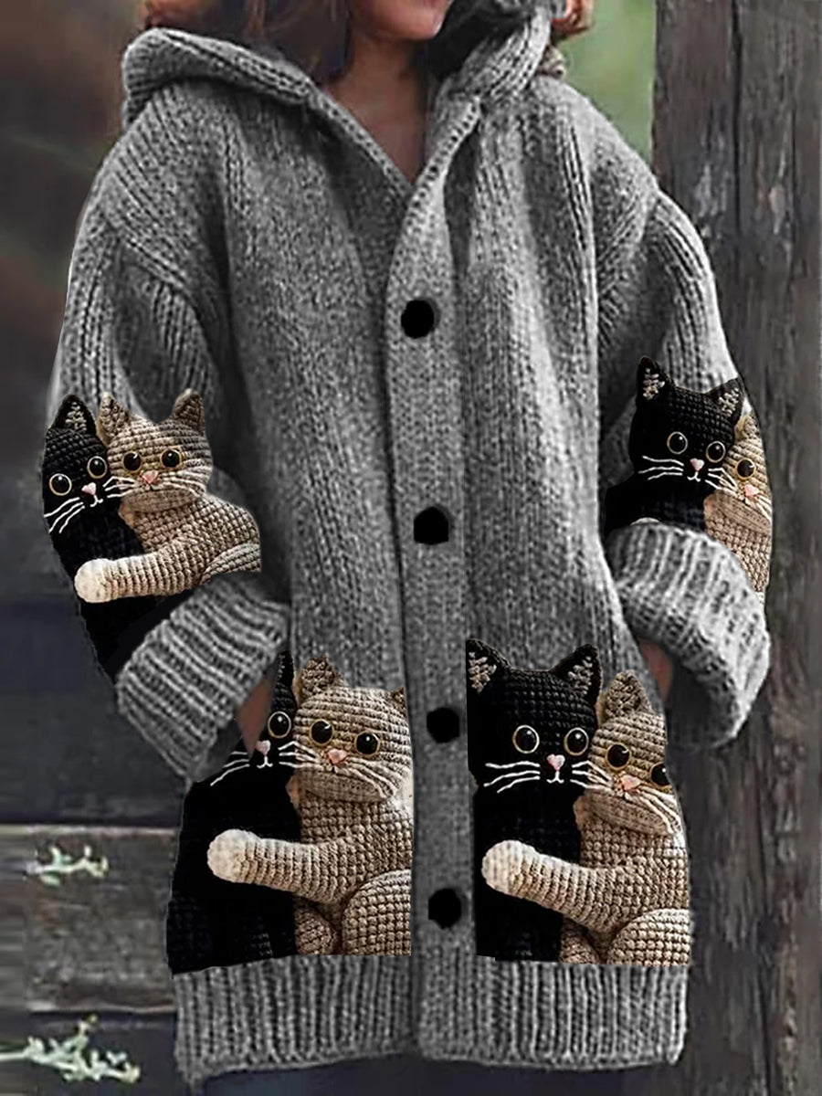 Mignon Chat Imprimer Bouton Épais À Manches Longues À Capuche Cardigan Pull