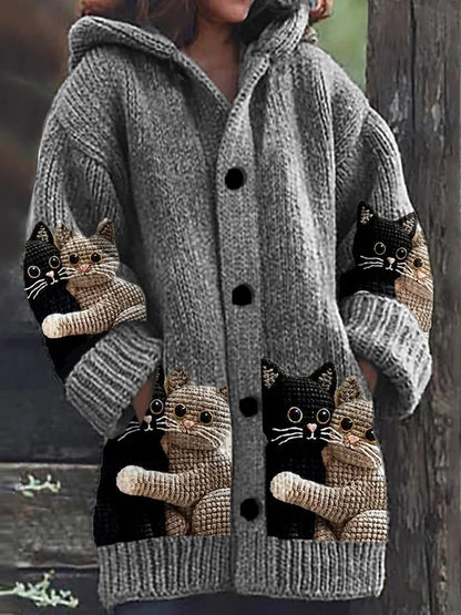 Mignon Chat Imprimer Bouton Épais À Manches Longues À Capuche Cardigan Pull