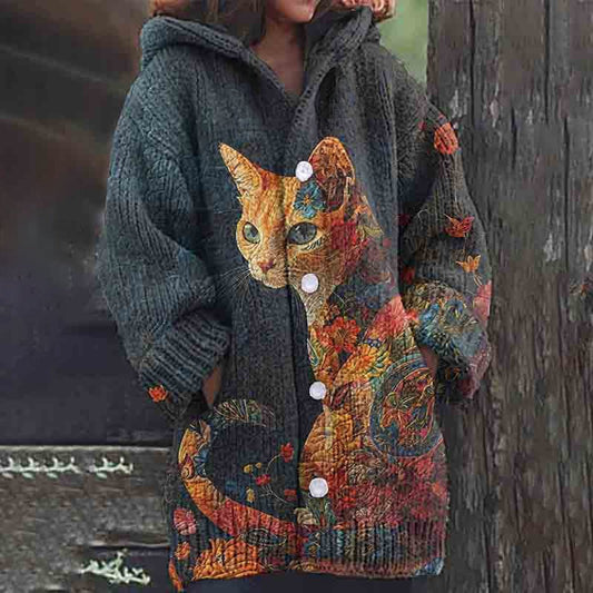 Rétro mignon Pet Print Button Up épais chandail à capuchon à manches longues Cardigan