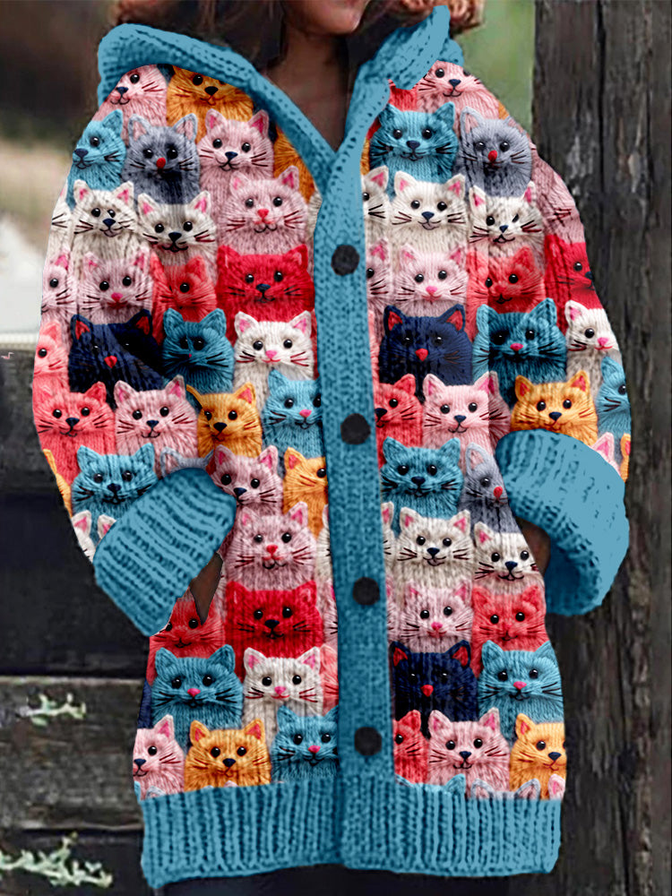 Rétro mignon Pet Print Button Up épais chandail à capuchon à manches longues Cardigan