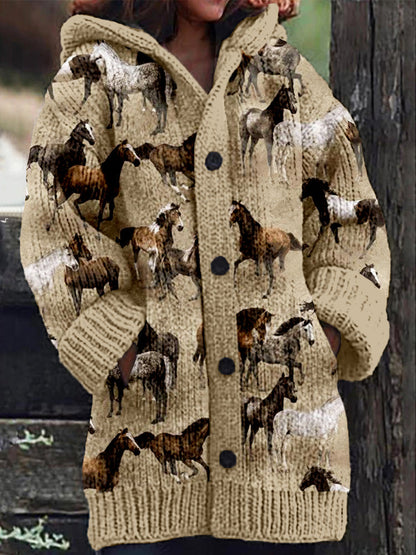Rétro mignon Pet Print Button Up épais chandail à capuchon à manches longues Cardigan