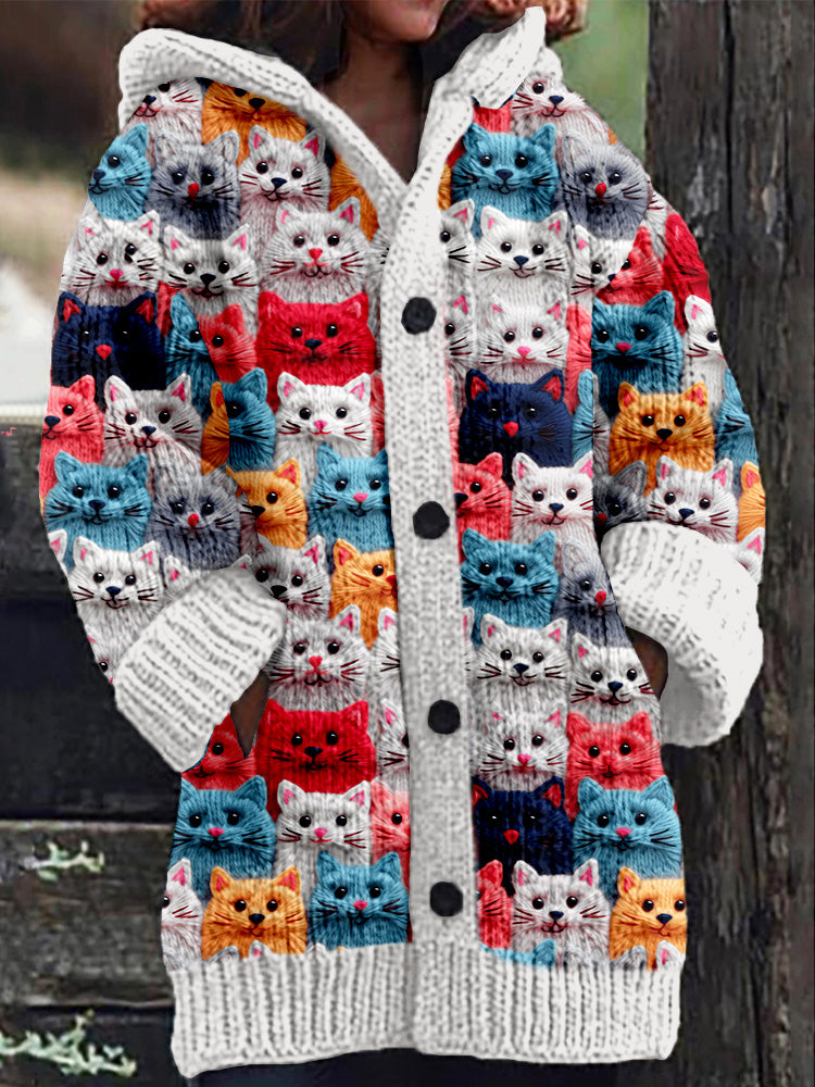 Rétro mignon Pet Print Button Up épais chandail à capuchon à manches longues Cardigan