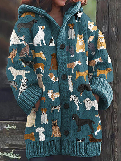 Rétro mignon Pet Print Button Up épais chandail à capuchon à manches longues Cardigan