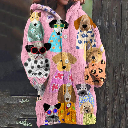 Rétro mignon Pet Print Button Up épais chandail à capuchon à manches longues Cardigan