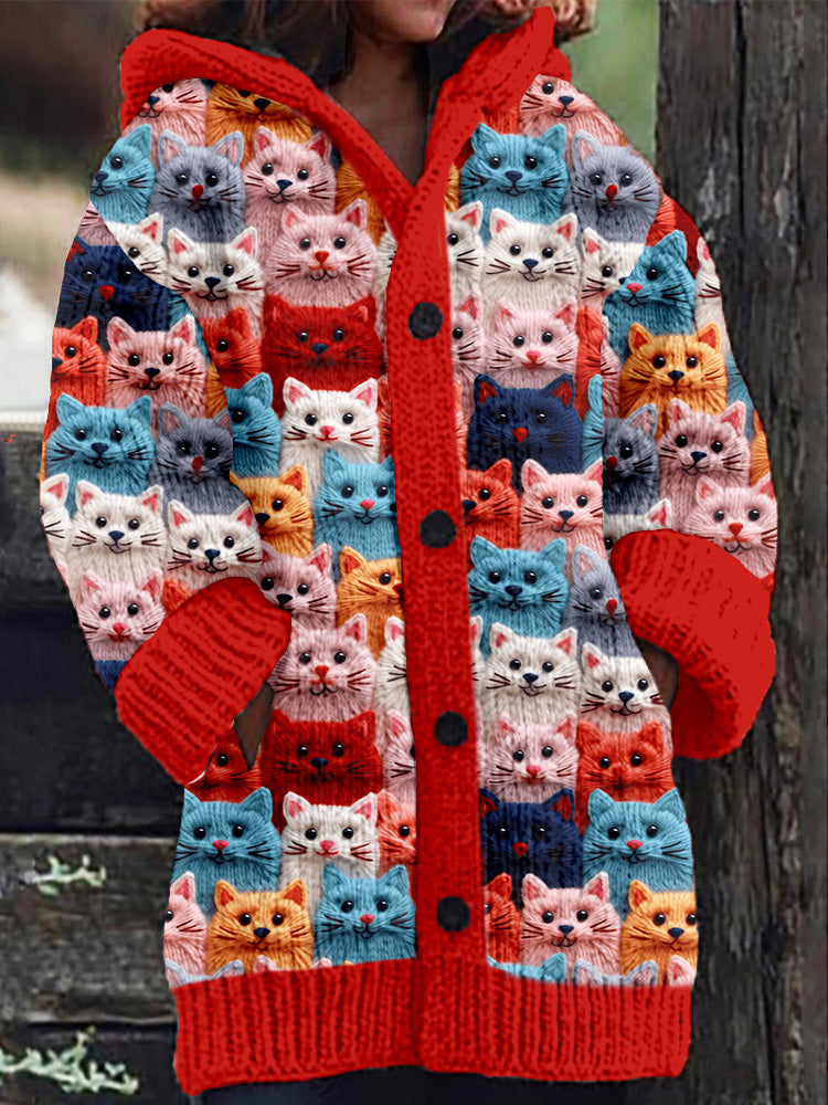 Rétro mignon Pet Print Button Up épais chandail à capuchon à manches longues Cardigan