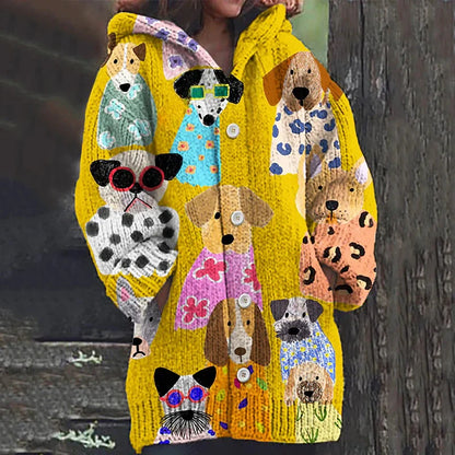Rétro mignon Pet Print Button Up épais chandail à capuchon à manches longues Cardigan
