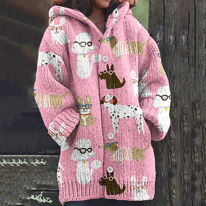 Rétro mignon Pet Print Button Up épais chandail à capuchon à manches longues Cardigan