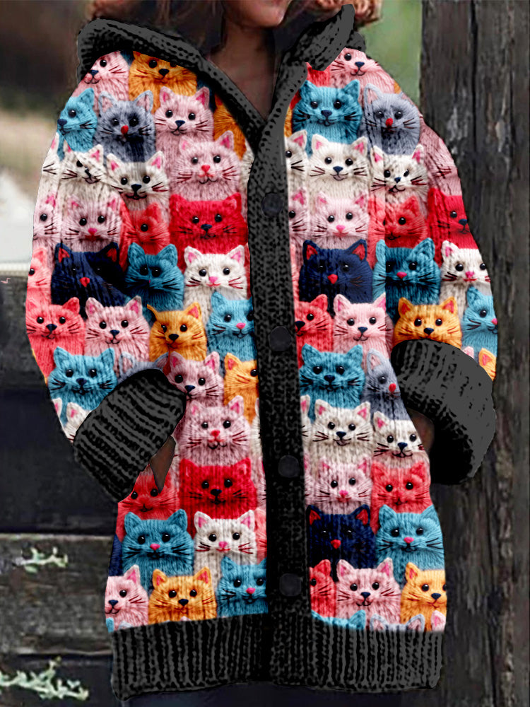 Rétro mignon Pet Print Button Up épais chandail à capuchon à manches longues Cardigan