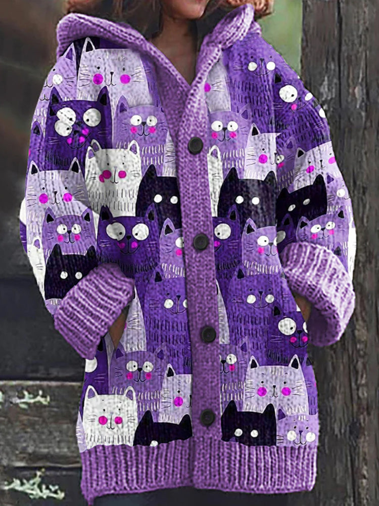 Rétro mignon Pet Print Button Up épais chandail à capuchon à manches longues Cardigan