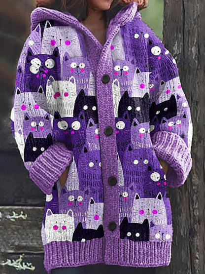Rétro mignon Pet Print Button Up épais chandail à capuchon à manches longues Cardigan