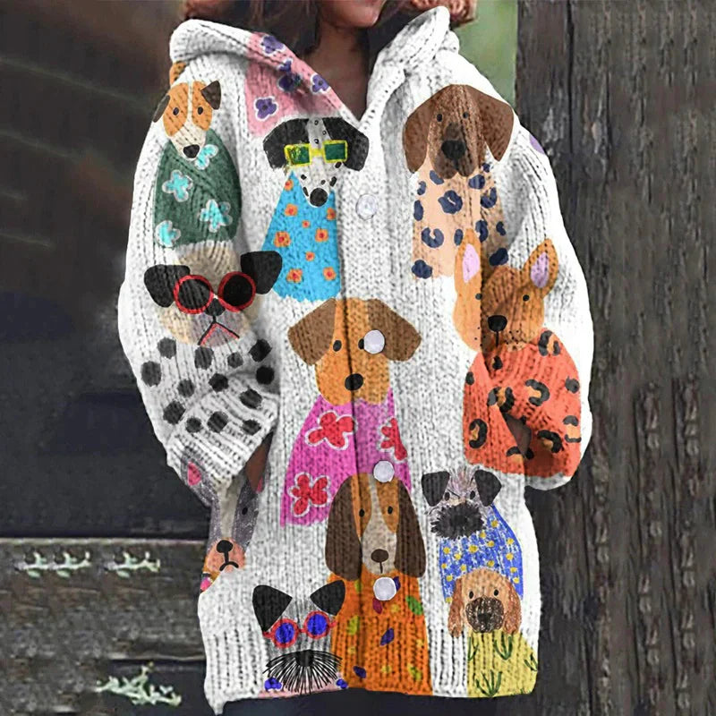 Rétro mignon Pet Print Button Up épais chandail à capuchon à manches longues Cardigan