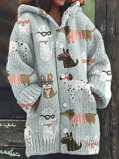 Rétro mignon Pet Print Button Up épais chandail à capuchon à manches longues Cardigan