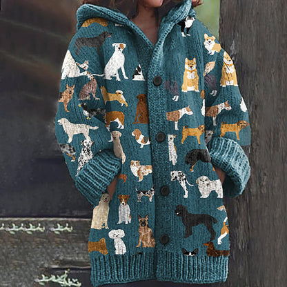 Rétro mignon Pet Print Button Up épais chandail à capuchon à manches longues Cardigan