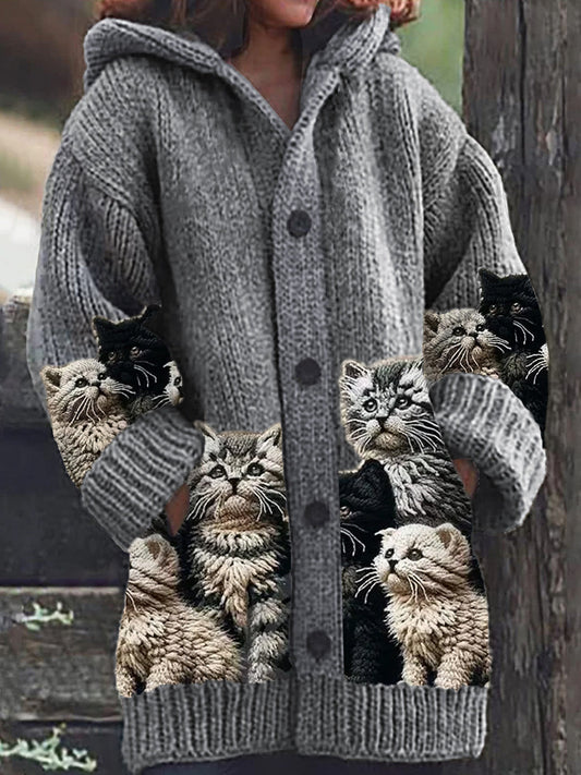 Rétro mignon Pet Print Button Up épais chandail à capuchon à manches longues Cardigan