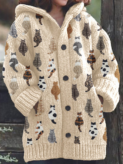 Rétro mignon Pet Print Button Up épais chandail à capuchon à manches longues Cardigan