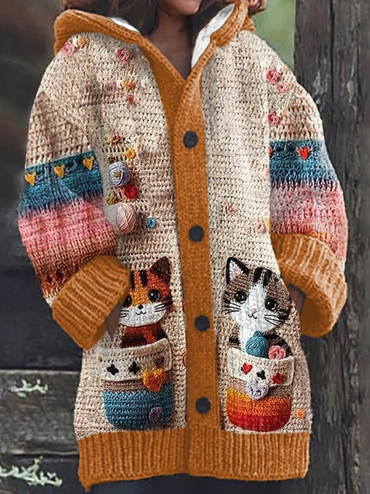 Cardigan à capuche épais à manches longues Vintage Animal Art Print Button