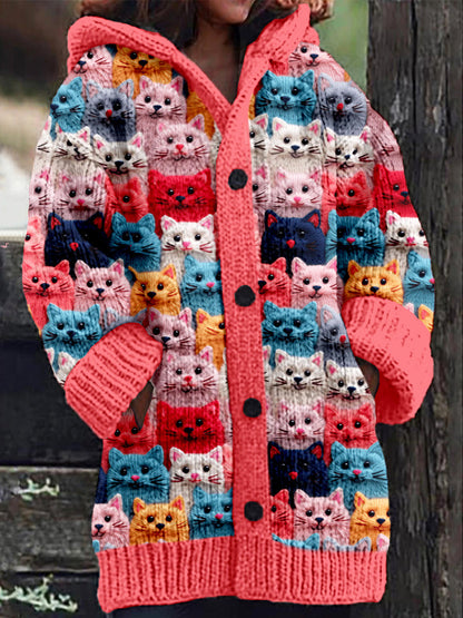 Rétro mignon Pet Print Button Up épais chandail à capuchon à manches longues Cardigan