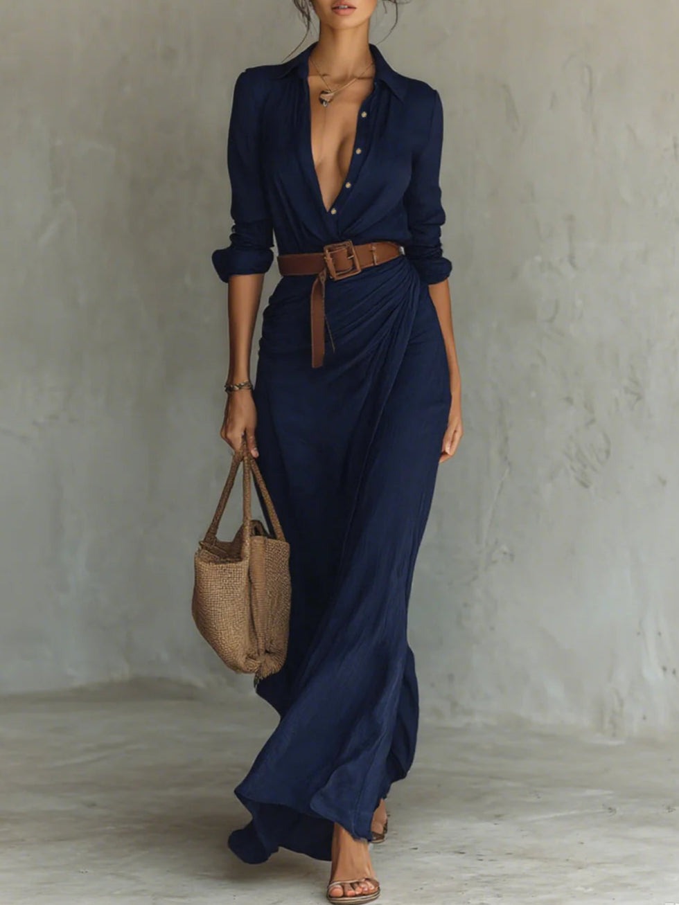 Robe maxi sophistiquée avec ceinture ajustable et revers élégants