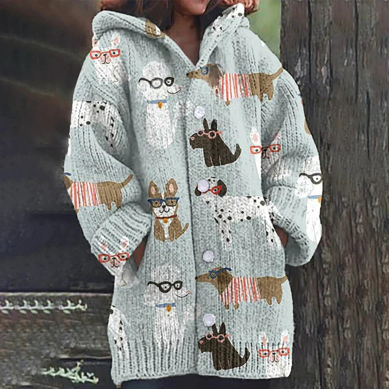 Rétro mignon Pet Print Button Up épais chandail à capuchon à manches longues Cardigan