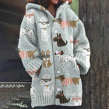 Rétro mignon Pet Print Button Up épais chandail à capuchon à manches longues Cardigan